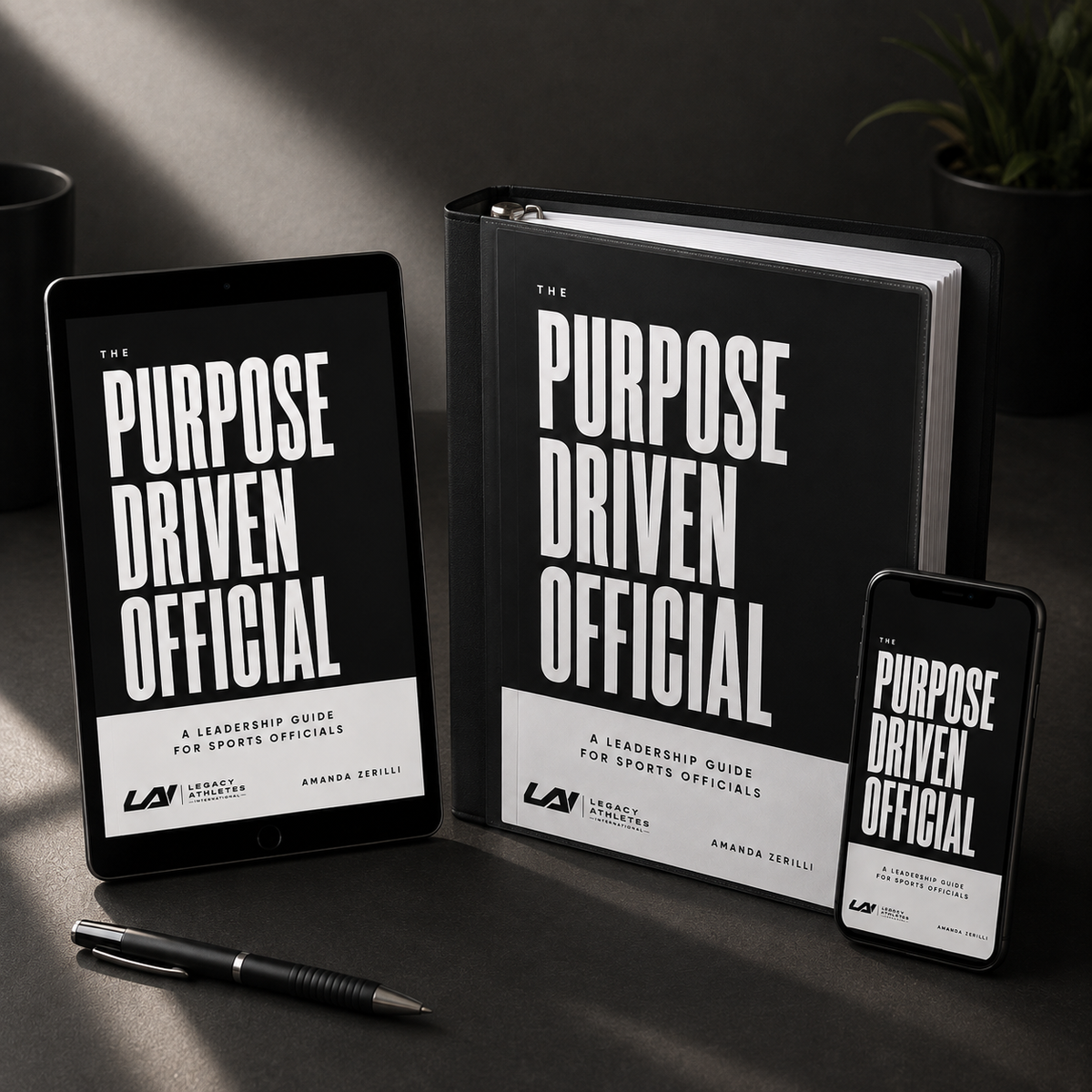 The Purpose-Driven Official shown on a tablet, printed binder, and phone